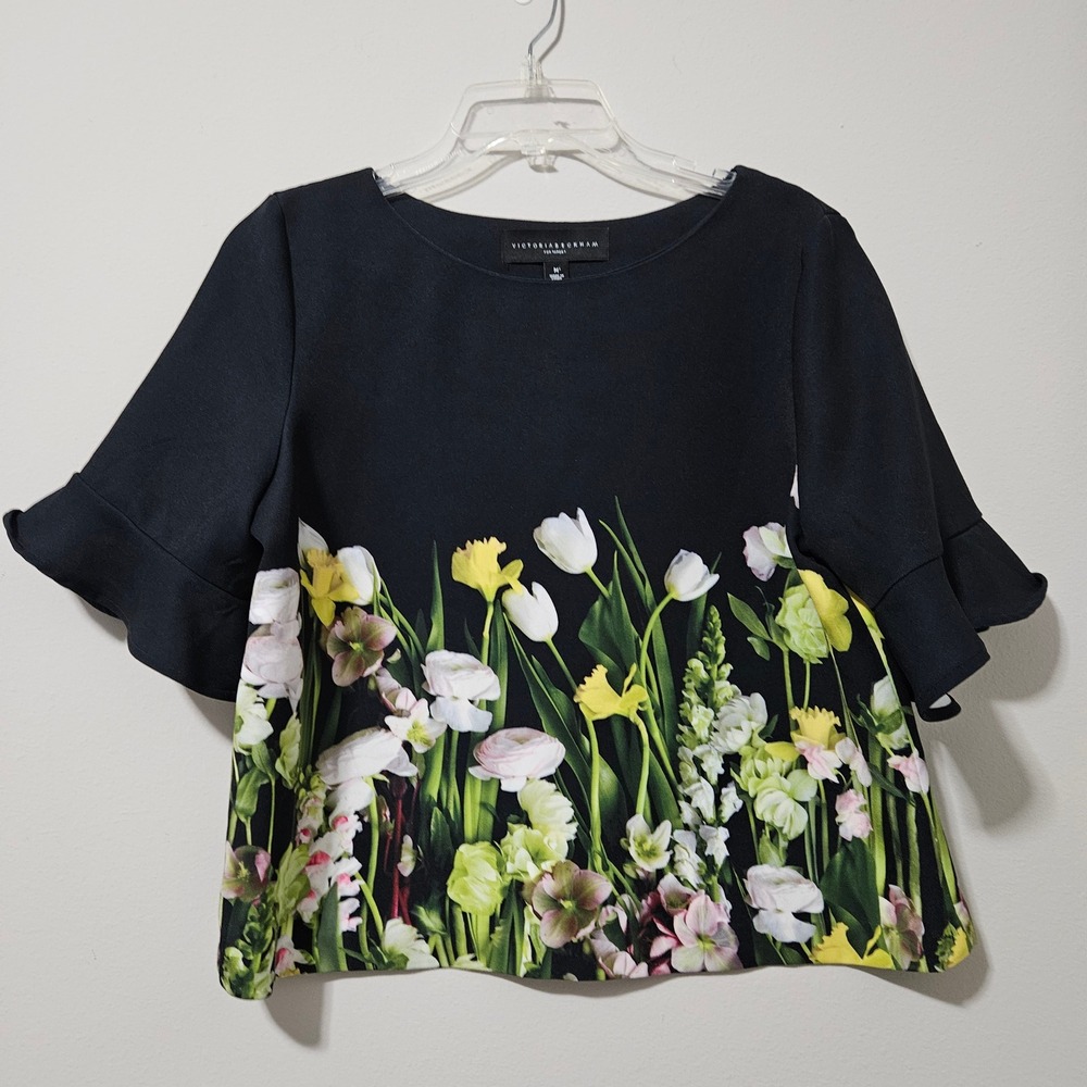 Victoria Beckham for Target Black Floral Ruffle Bell Sleeve Blouse Top Medium
